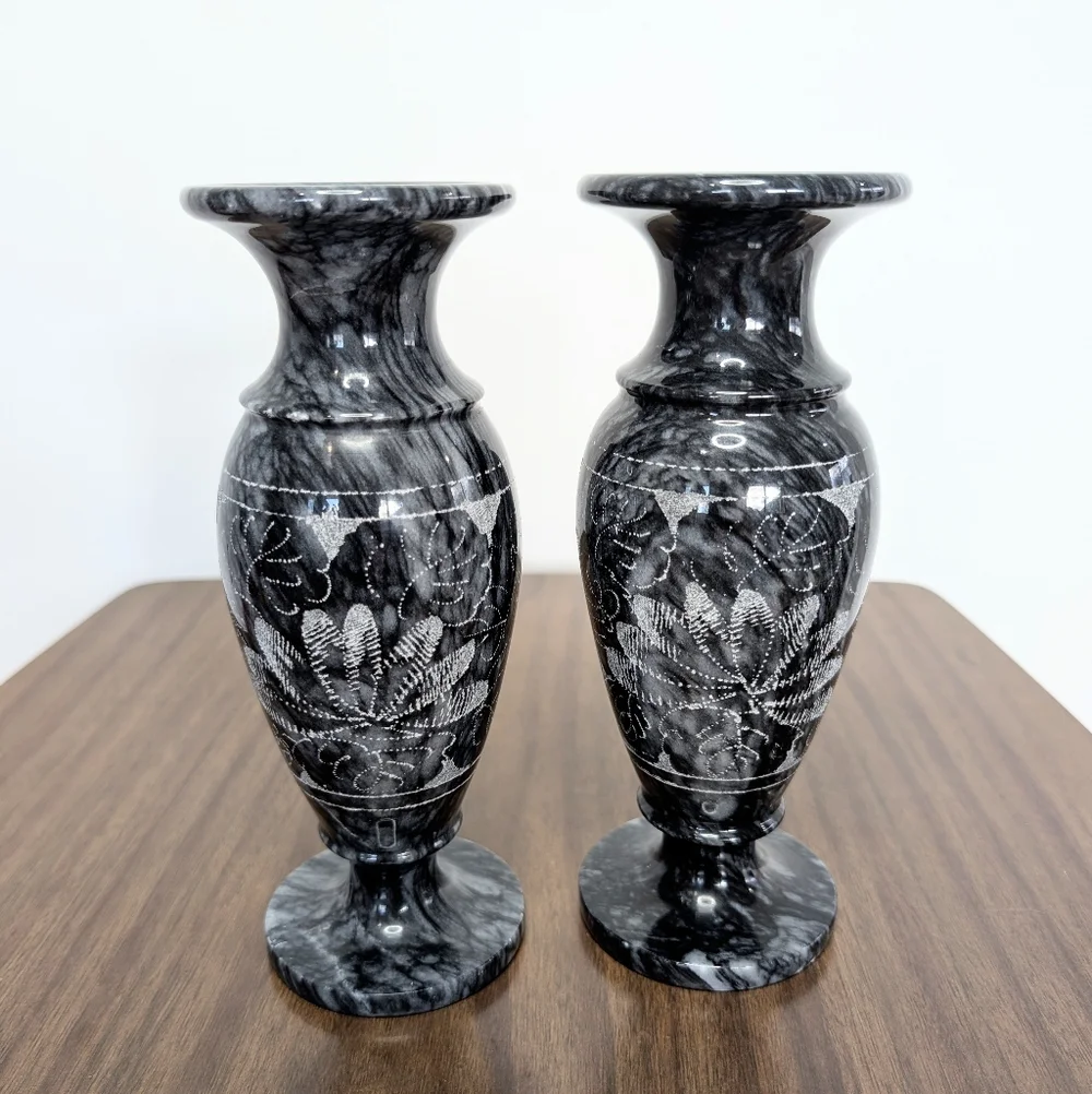 Pair Of Black & Gray Quartz Vained Marble Floral Etched Footed Vases Solid Stone